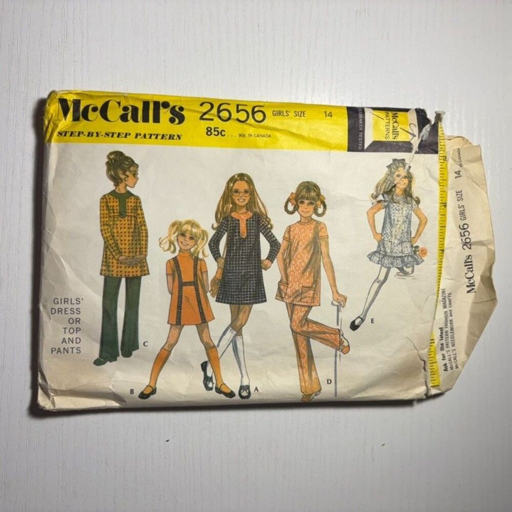 Vintage McCall’s 2656 Girls Dress Top Pants Sewing Pattern Mod A Line Size 14